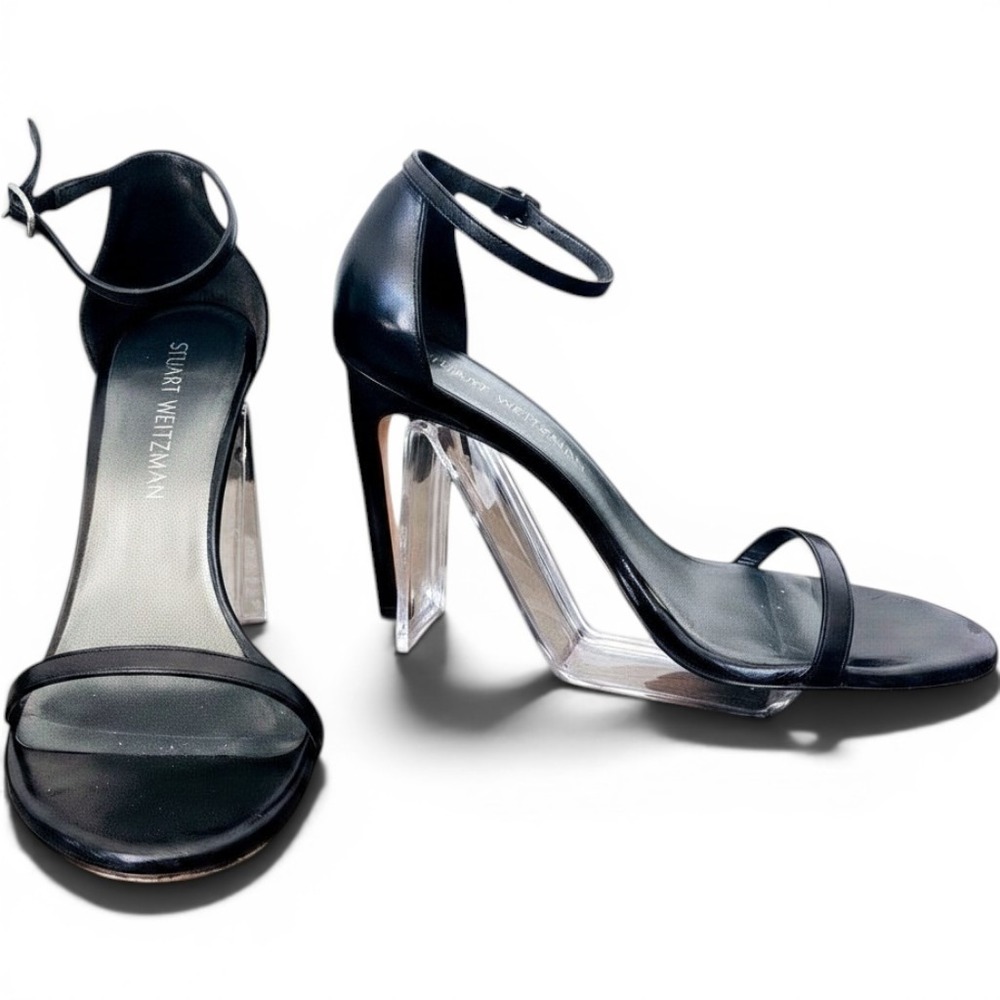 Stuart Weitzman Nudist Heel Black Nappa Leather Sandals Shoe Modernist Size 8
